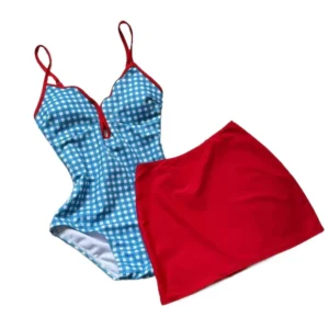 Slimming Design Plaid Swimsuit Suit Conservative Style Scalloped Rim Skirt Bathing Suit Fresh Blue Swimwear Bikini Set