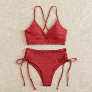 Maillot de bain brassière croisé à lacets couleur vive