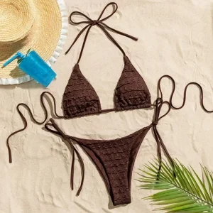 Maillot de bain tanga marron à lacets