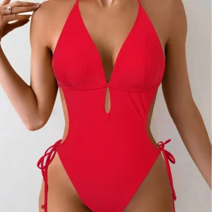 Red Conservative One-Piece Swimsuit Women's High Elastic Quick Dry Removable Chest Pad Swimwear Comfortable Breathable Nylon