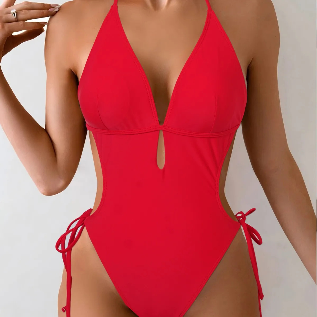 Red Conservative One-Piece Swimsuit Women's High Elastic Quick Dry Removable Chest Pad Swimwear Comfortable Breathable Nylon