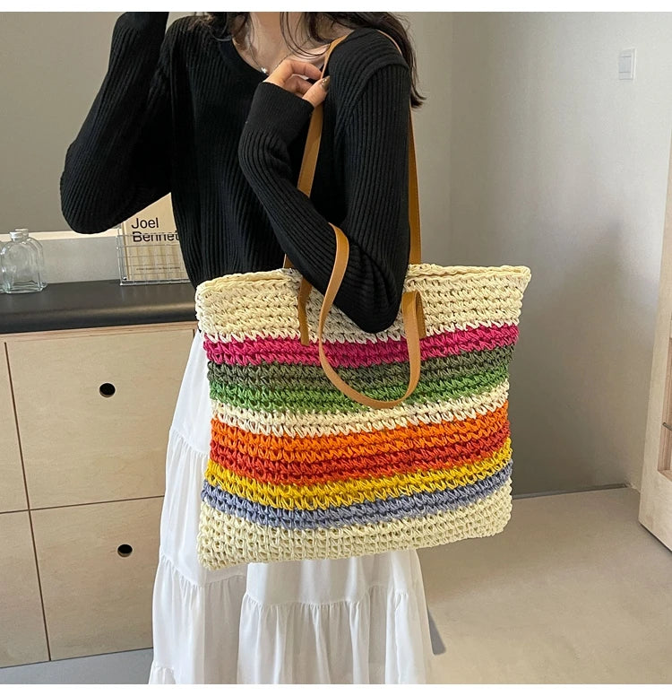 Sac cabas en paille et cuir pour femme