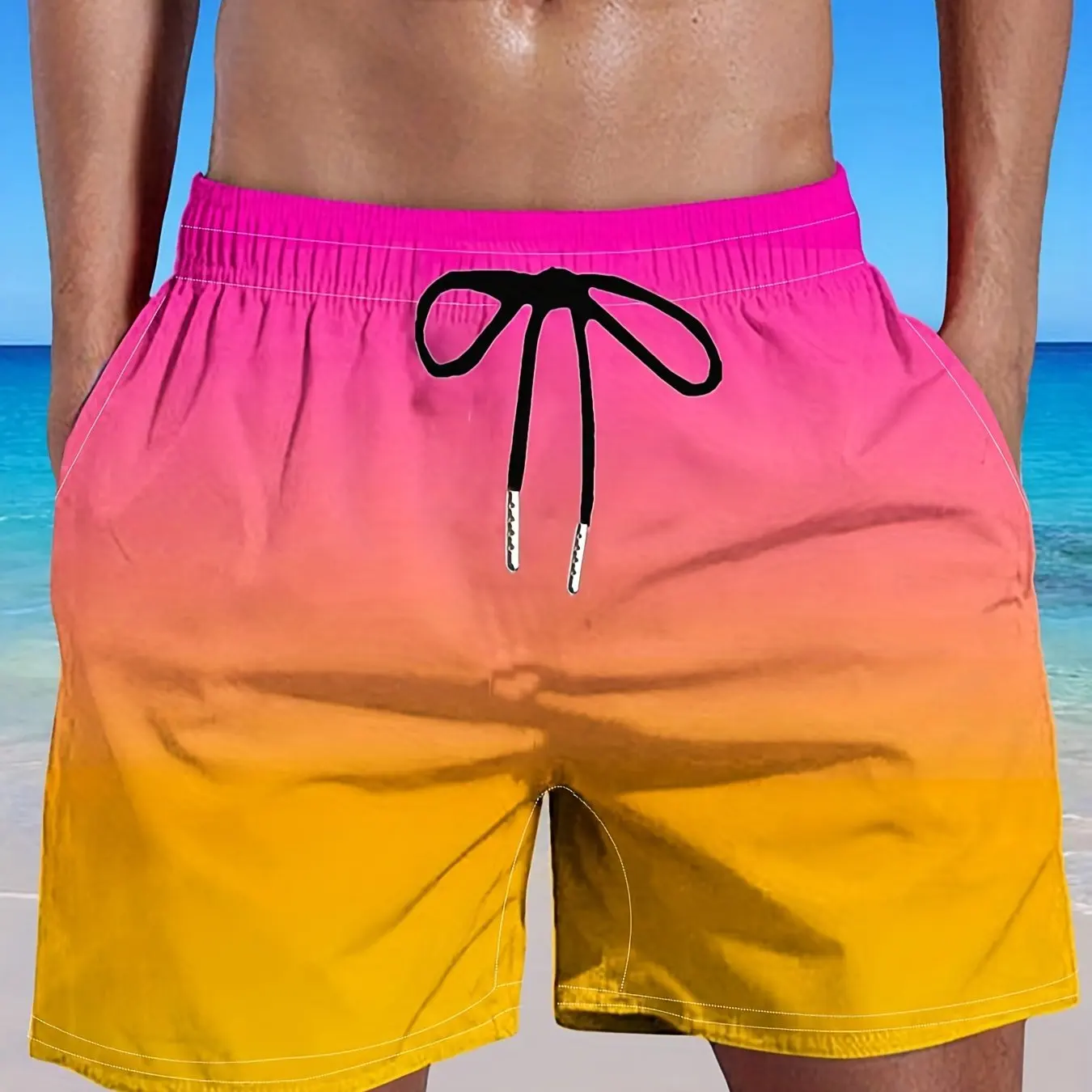 Détail du motif Sunset Paradise sur un short de bain homme