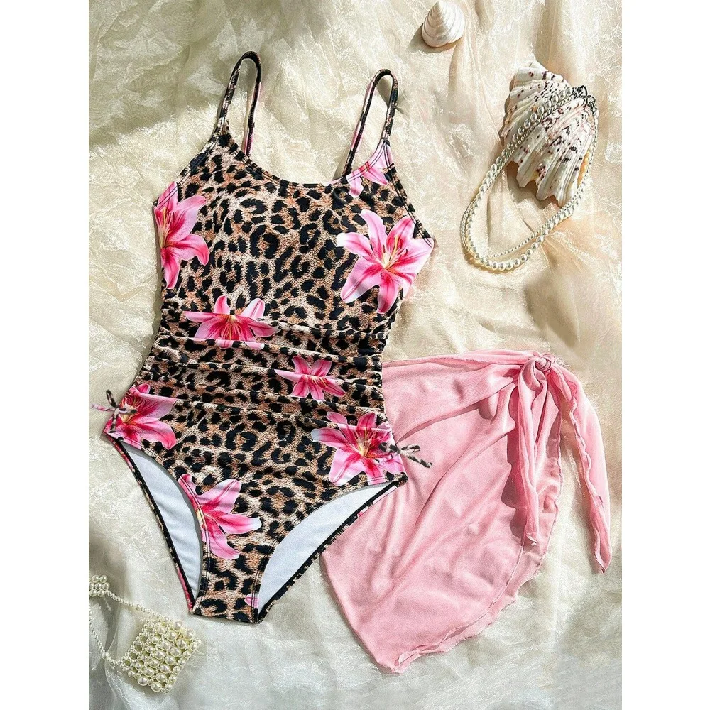 Maillot de Bain Fille 1 Pièces Tropical avec Paréo