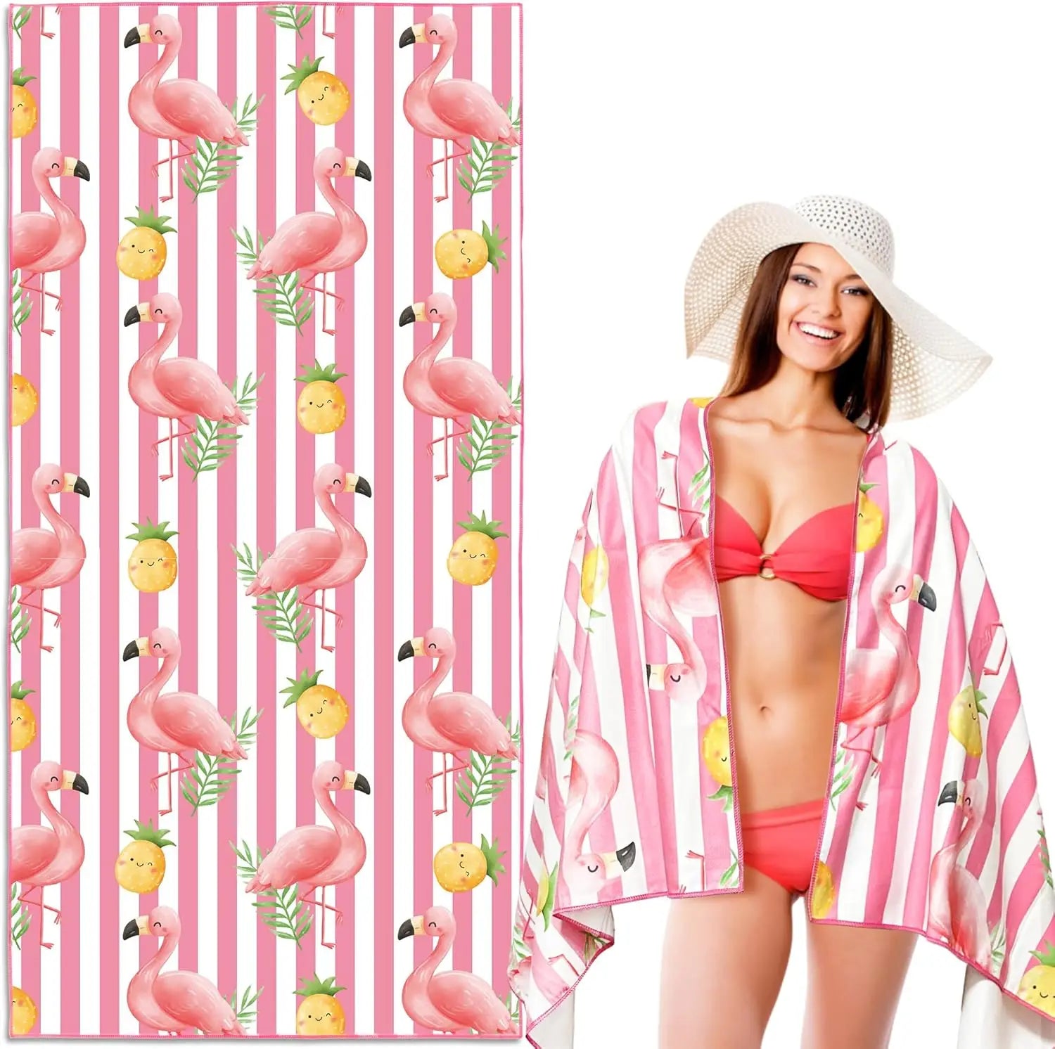 Élégante serviette de plage rose sur sable doré