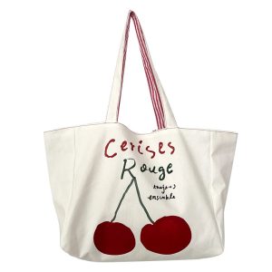 Grand tote bag motif cerise en toile élégante