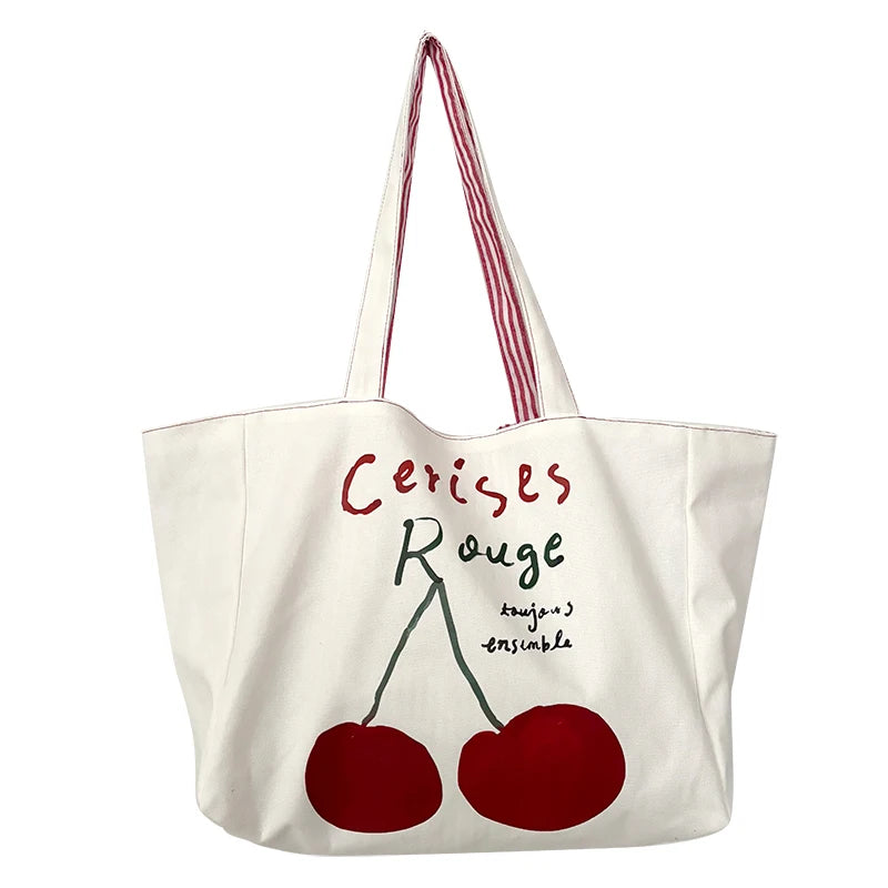 Grand tote bag motif cerise en toile élégante