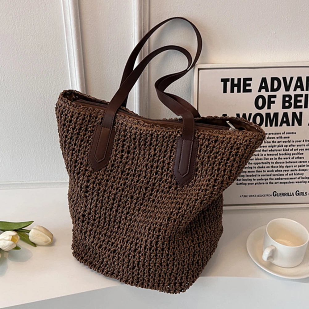 Grand sac de plage femme en paille naturel
